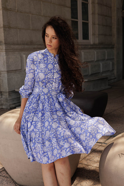 Lavender block print mini dress handcrafted in soft cotton, perfect for holidays, brunches and everyday wear.