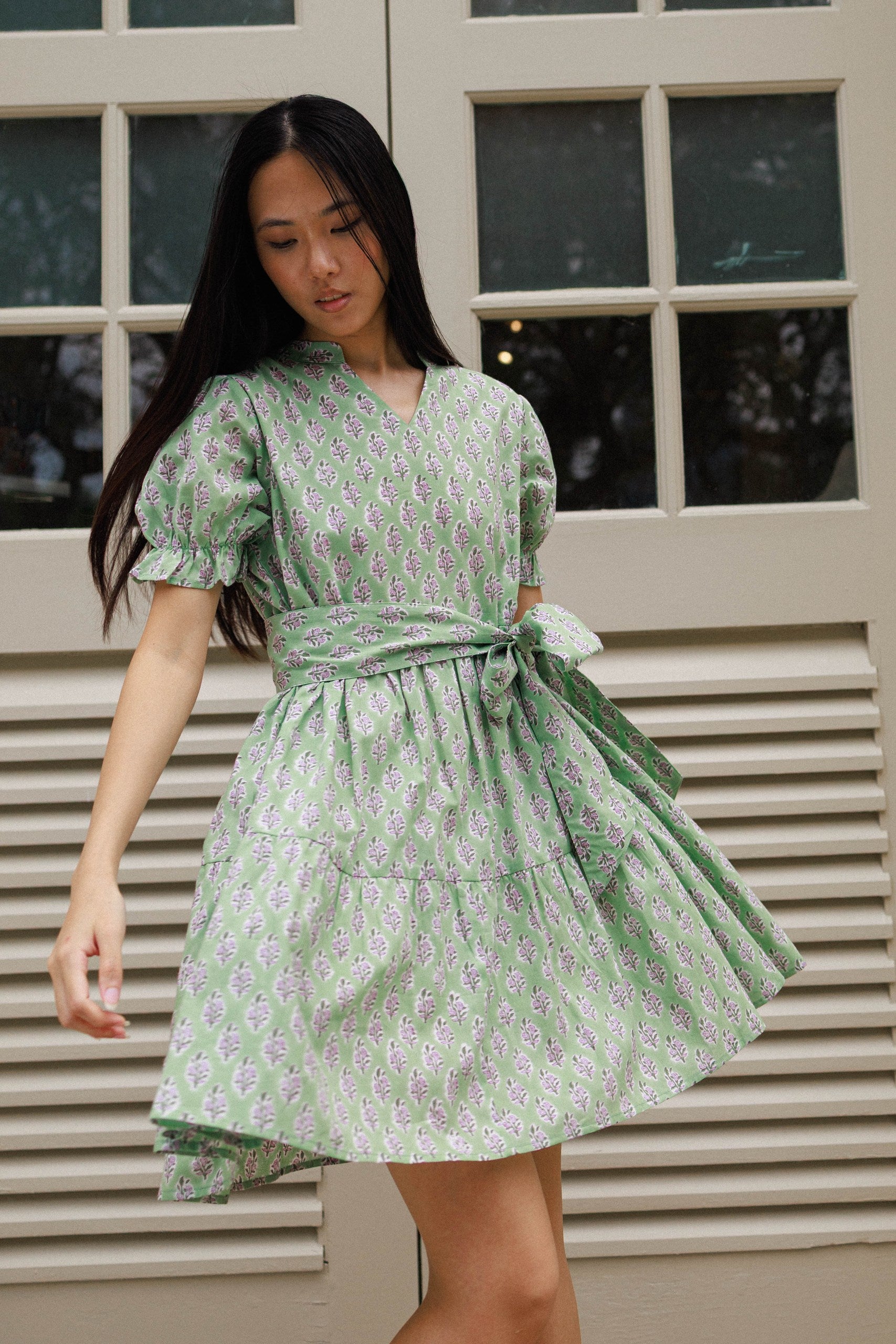 Light weight cotton mini dress pistachio green block print Artful House