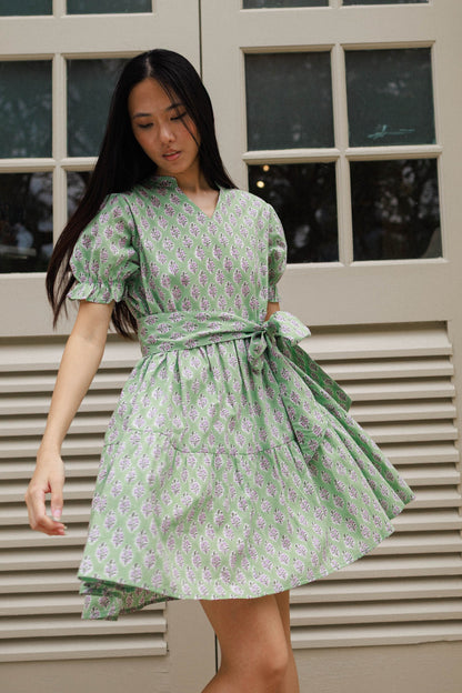 Light weight cotton mini dress pistachio green block print Artful House