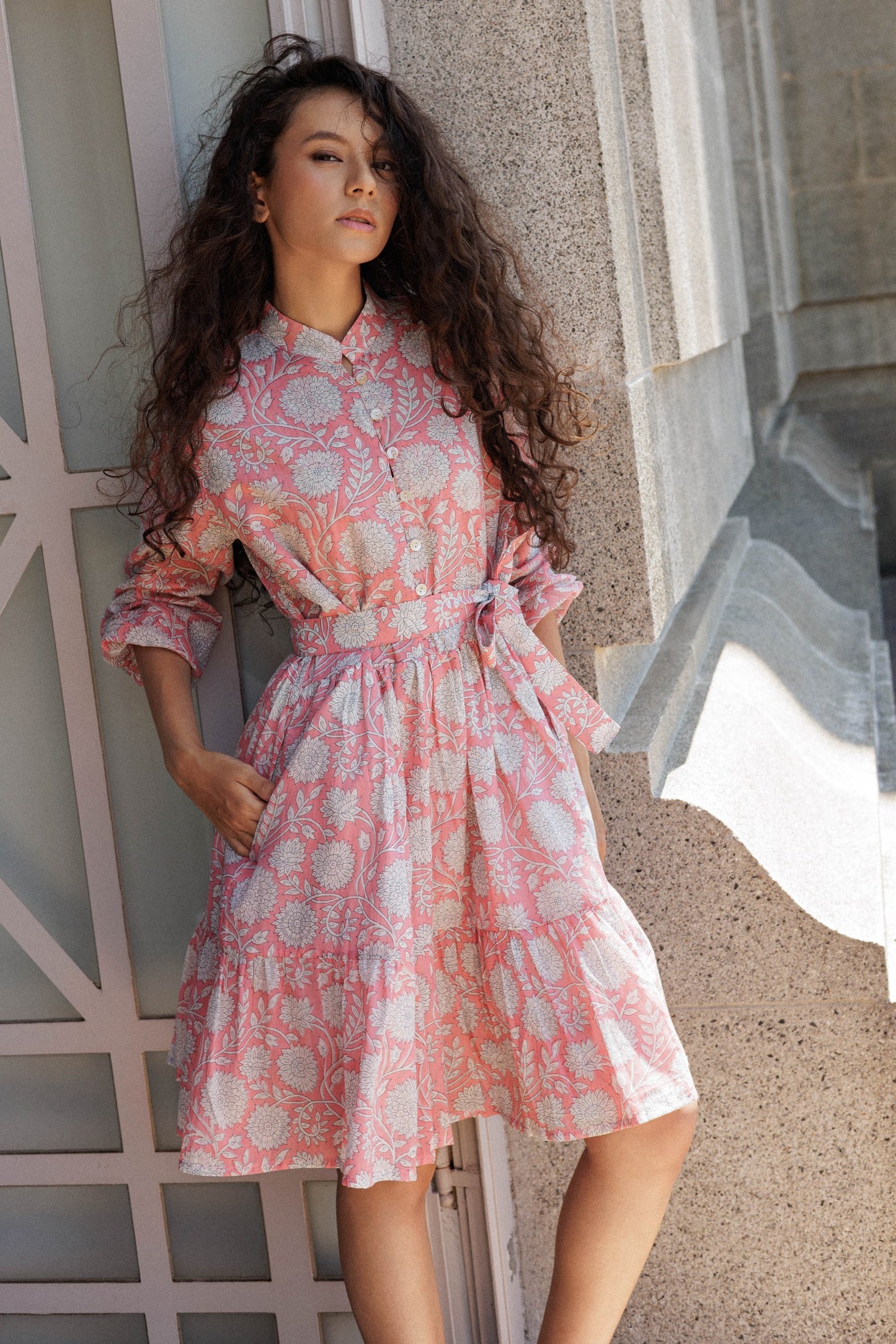 Lily Mini short cotton dress in peach hand block print with relaxed tiered silhouette and pockets