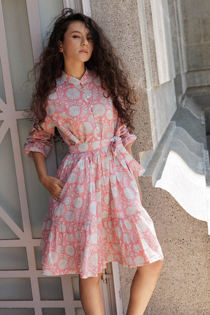 Lily Mini short cotton dress in peach hand block print with relaxed tiered silhouette and pockets