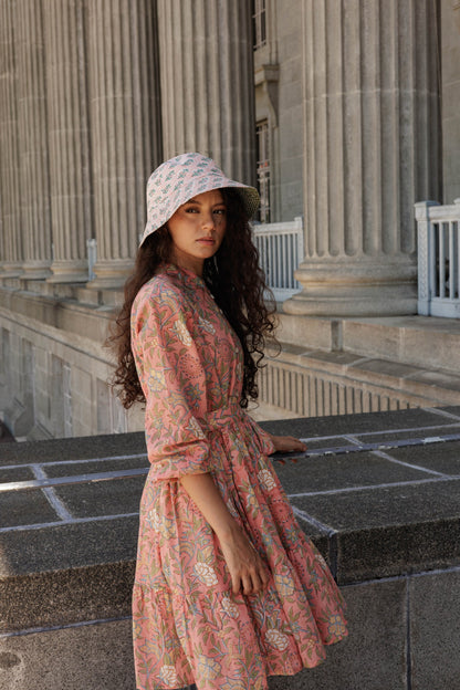 Limited edition block printed fabric hat in Jaipur Pink flora land Holly print cotton