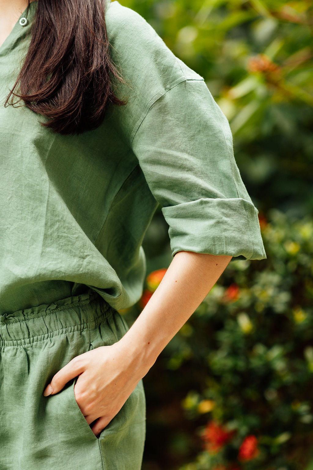 Linen shorts women Singapore sage green elasticated waist with pockets resort wear Artful House