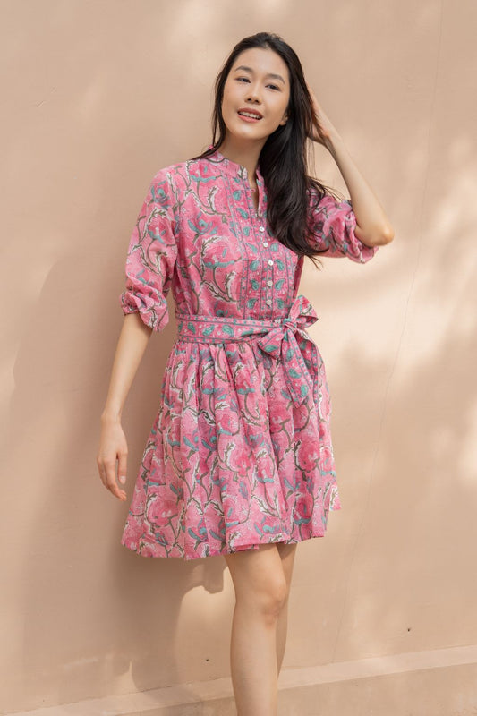 Marigold Minis trawberry by ArtfulHouse vibrant pink block print dress in breathable cotton