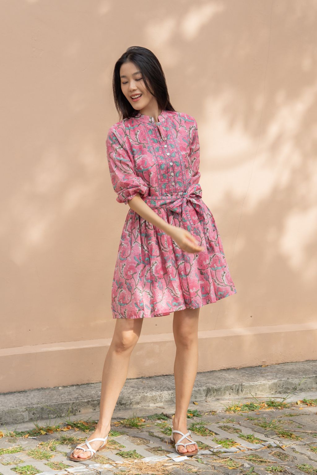 Marigold Mini strawberry pink resort wear short cotton dress for tropical holidays