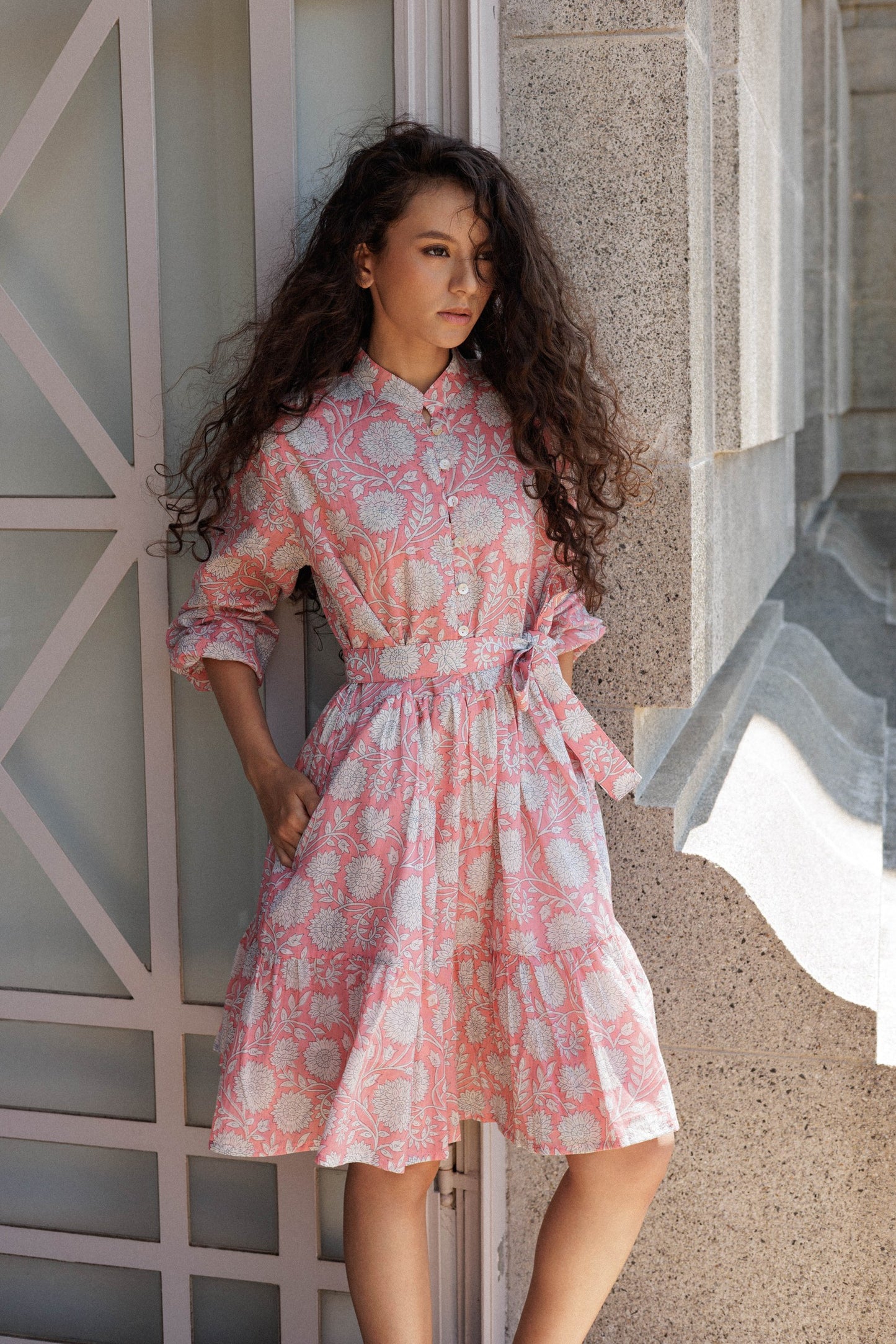 Peach floral cotton mini dress for women featuring artisanal block print and optional sash belt