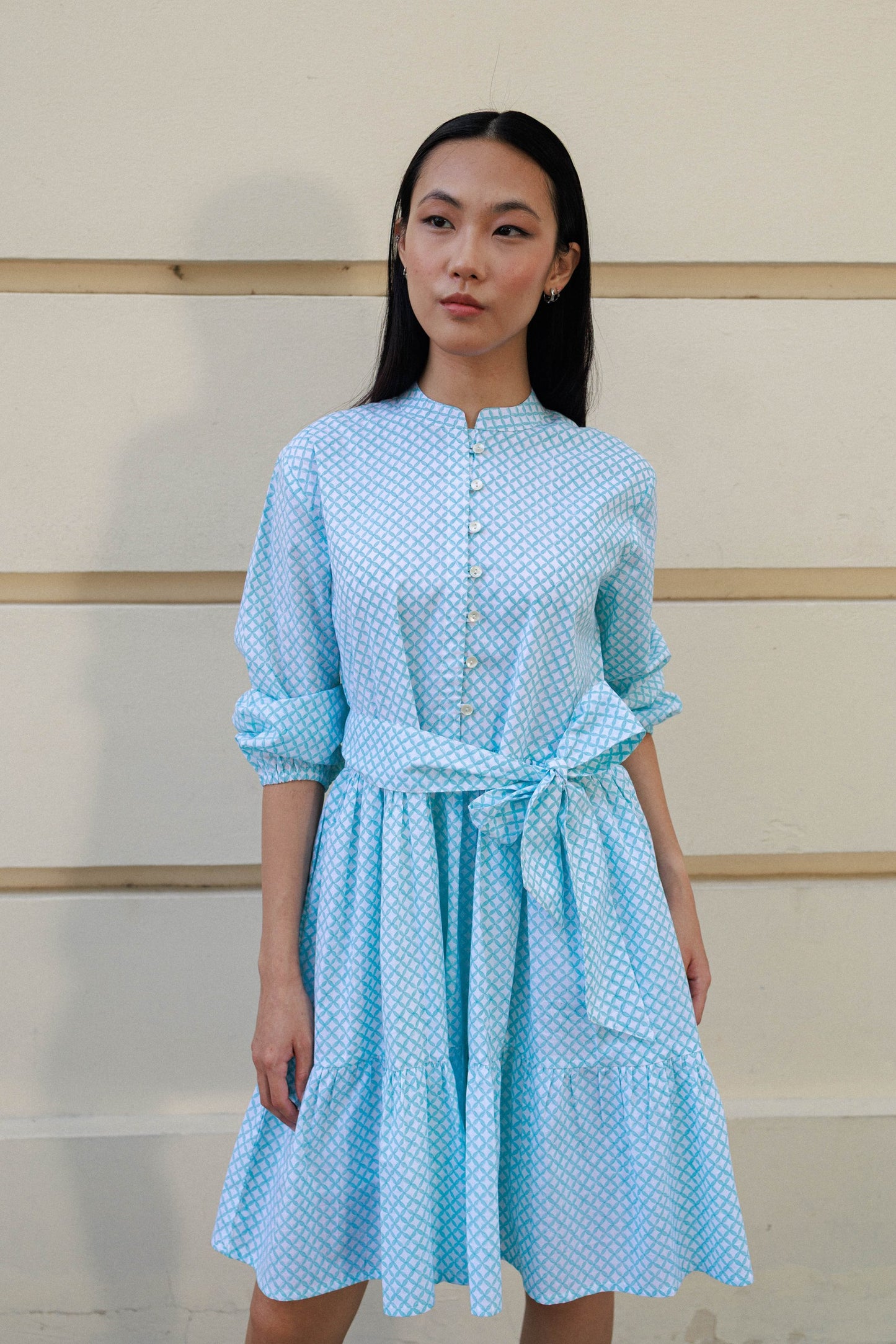 Peranakan aqua block print cotton mini dress Singapore geometric tile inspired pattern