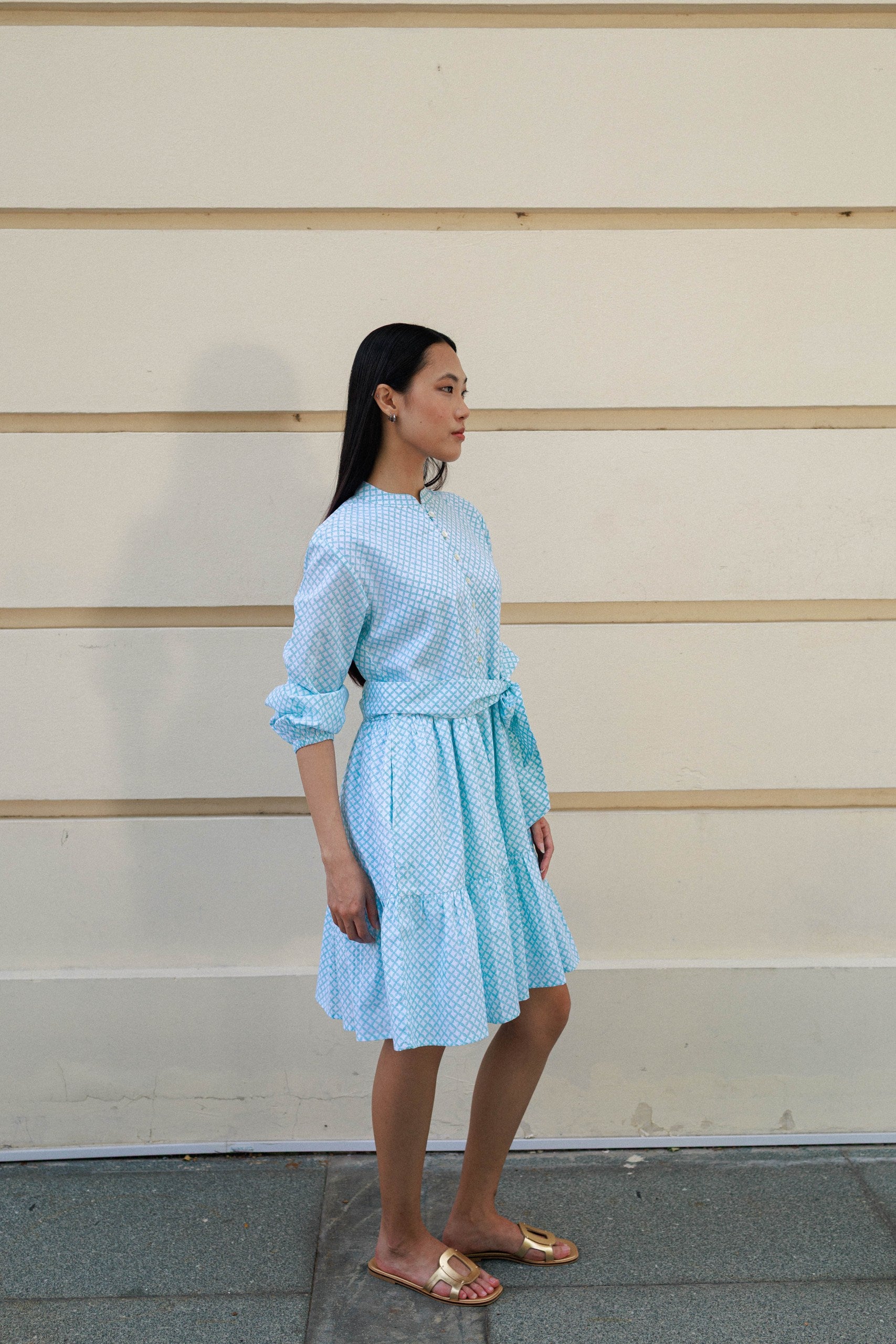Peranakan aqua short cotton dress Singapore hand block printed mini dress with belt