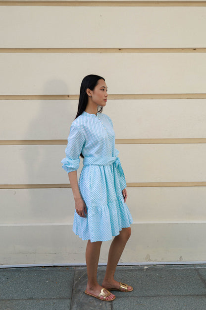 Peranakan aqua short cotton dress Singapore hand block printed mini dress with belt