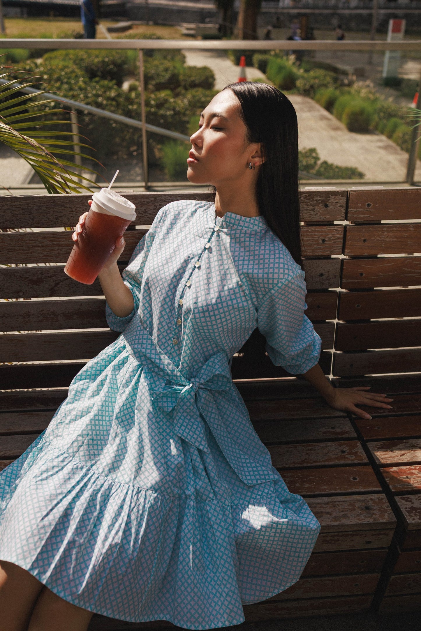 Peranakan tile inspired cotton dress aqua mini dress hand block printed Singapore