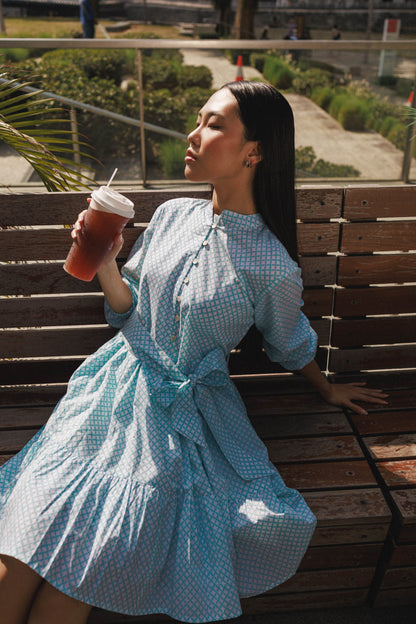 Peranakan tile inspired cotton dress aqua mini dress hand block printed Singapore
