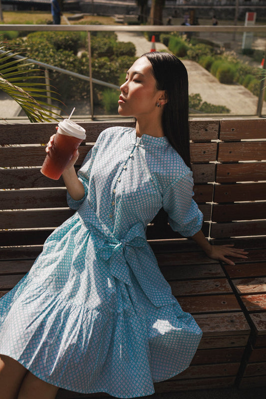 Peranakan tile inspired cotton dress aqua mini dress hand block printed Singapore