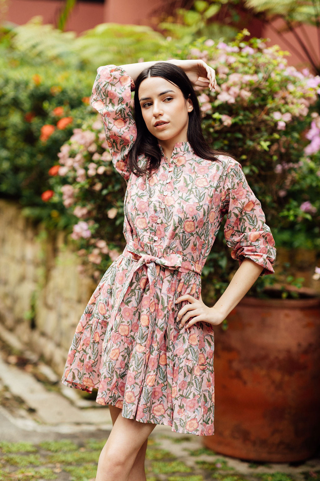 Pink Floral Block Printed Dress with belt