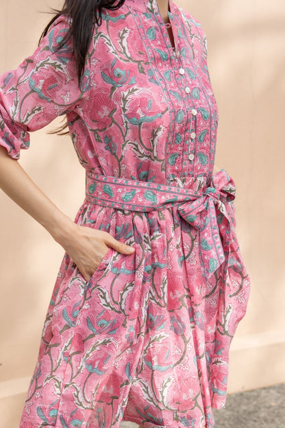 Pink and turquoise Indian Floral Block print dress