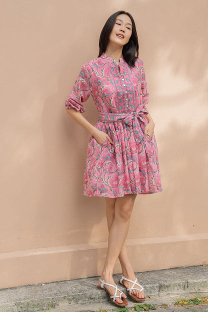 Pink floral Block print dress with pockets