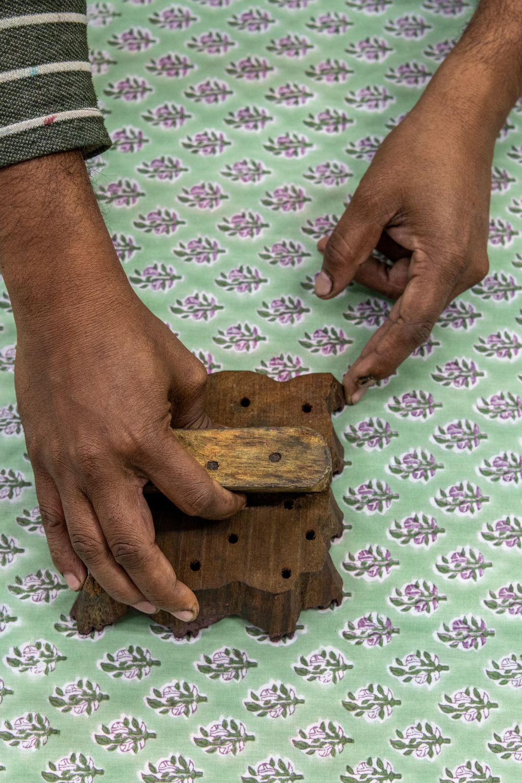 Pistachio Bloom pale green and lilac block printed fabric