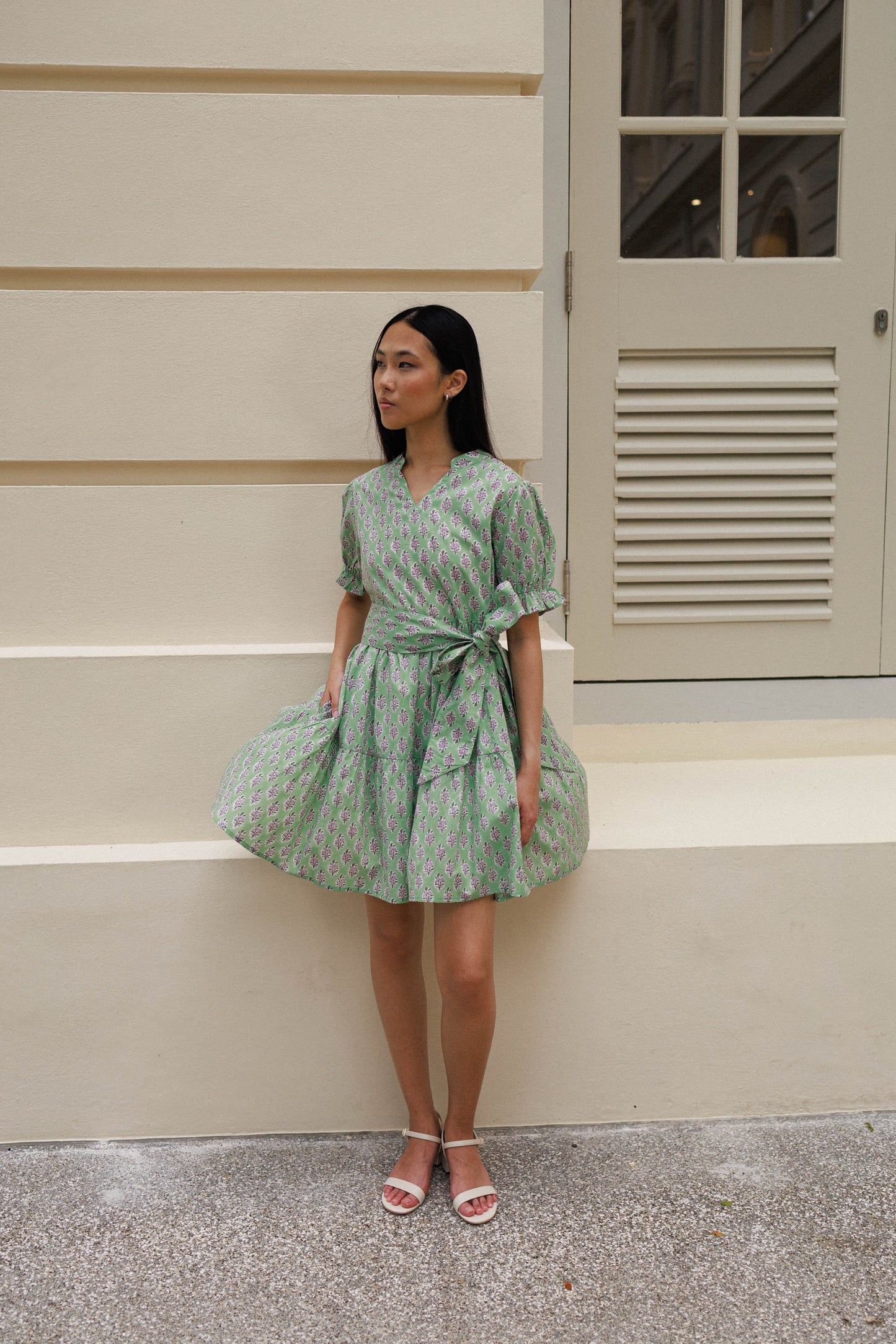 Pistachio bloom cotton mini dress with optional sash belt floral print
