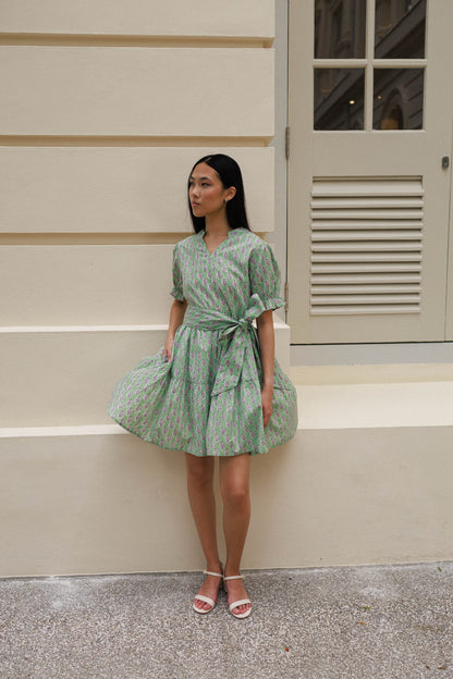 Pistachio bloom cotton mini dress with optional sash belt floral print