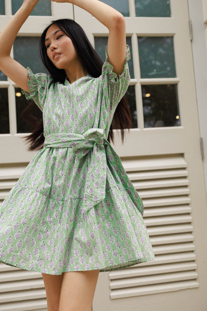 Pistachio bloom mini dress hand block printed cotton Artful House Singapore