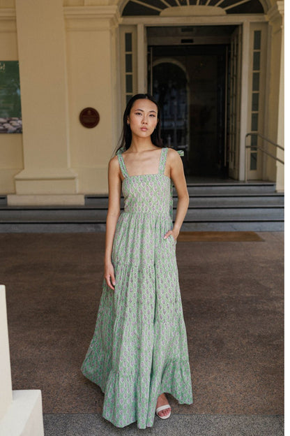 Pistachio green block printed floral maxi dress Singapore breathable cotton resortwear
