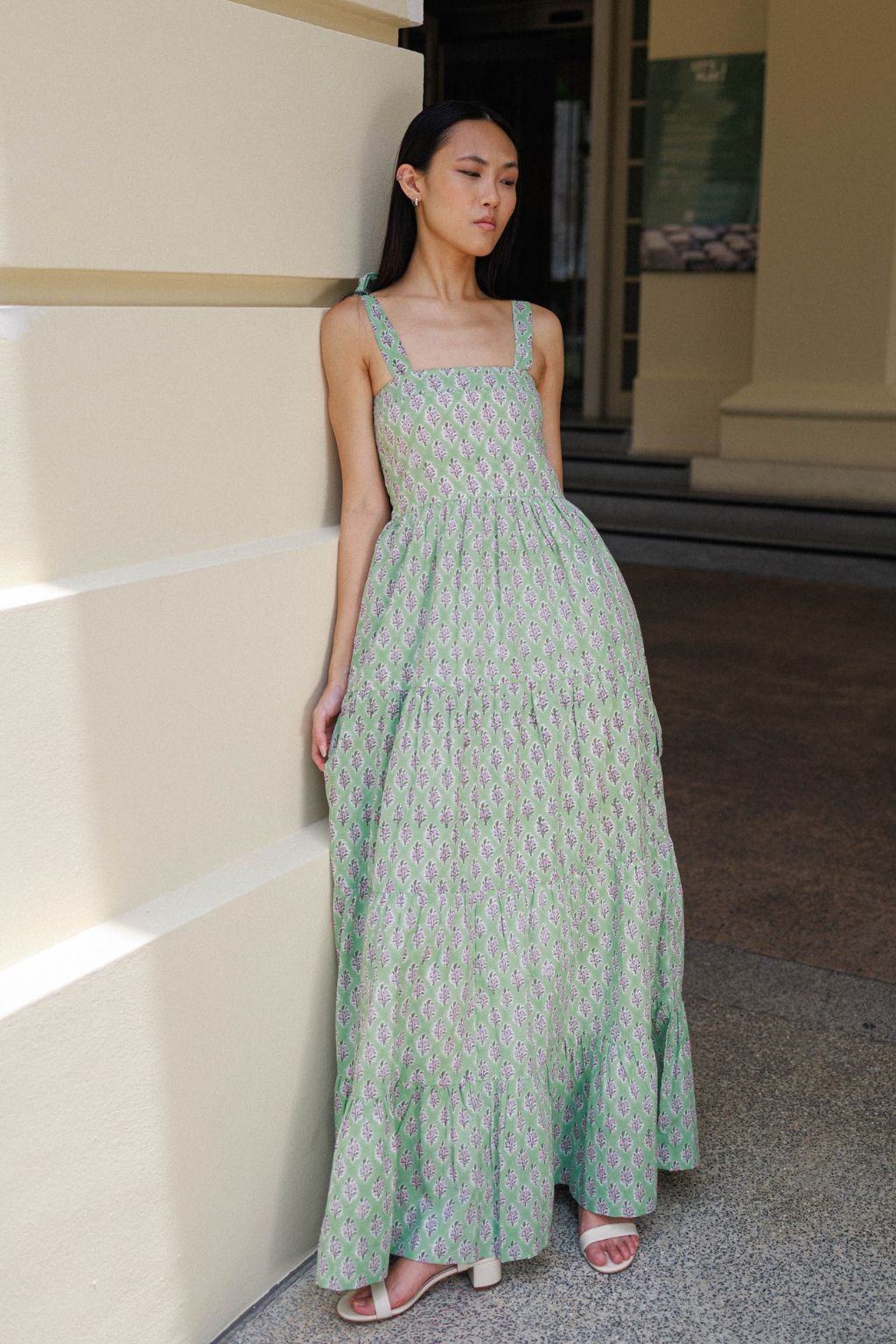Pistachio green block printed floral maxi dress with smocked back and bow tie straps resort wear
