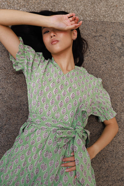 Pistachio green floral dress with sash belt cotton mini dress women