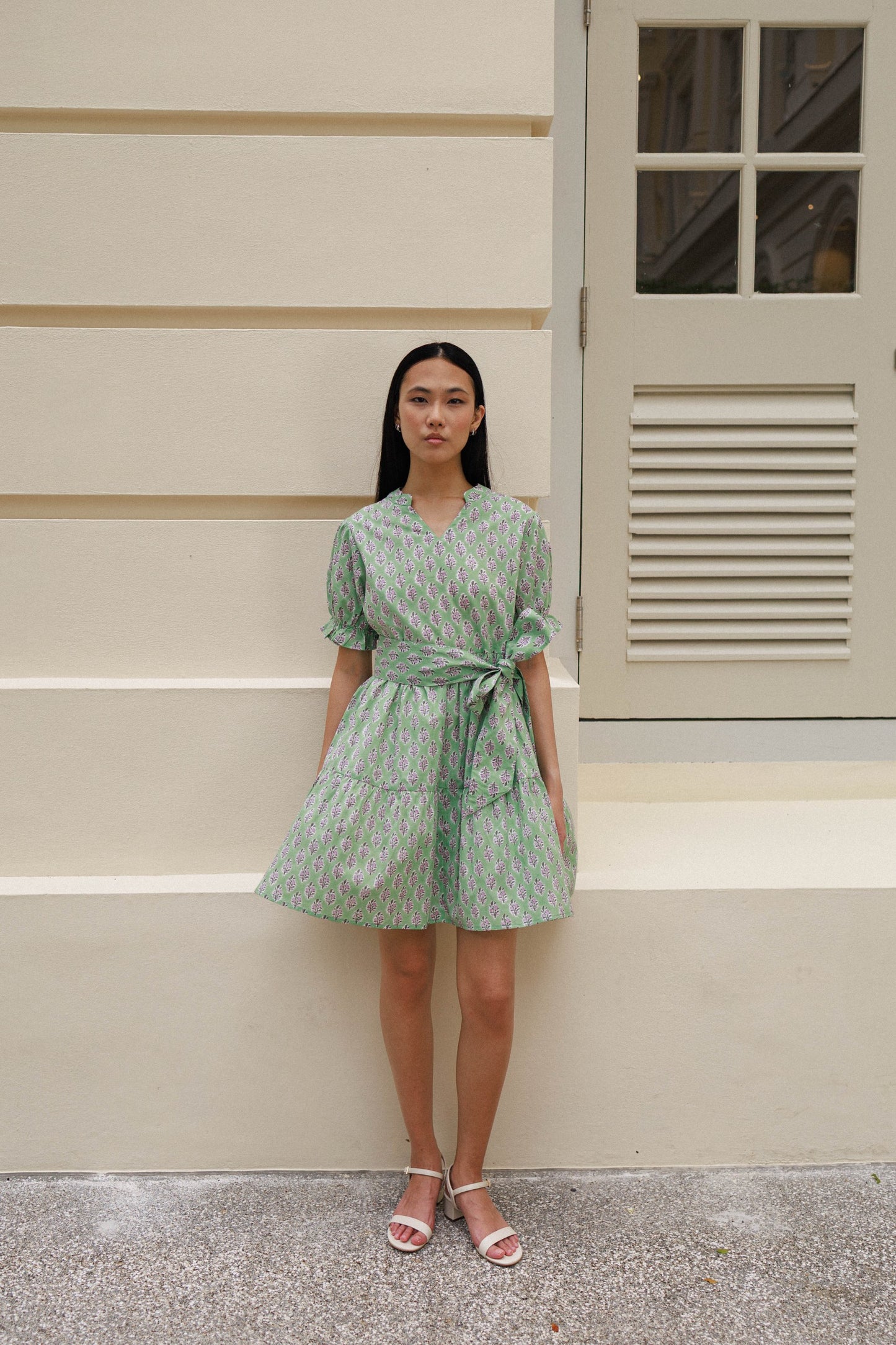 Pistachio green mini dress with lilac floral block print breathable cotton
