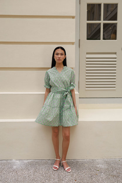 Pistachio green mini dress with lilac floral block print breathable cotton