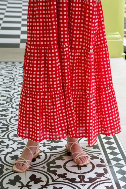 Hand printed red gingham check dress