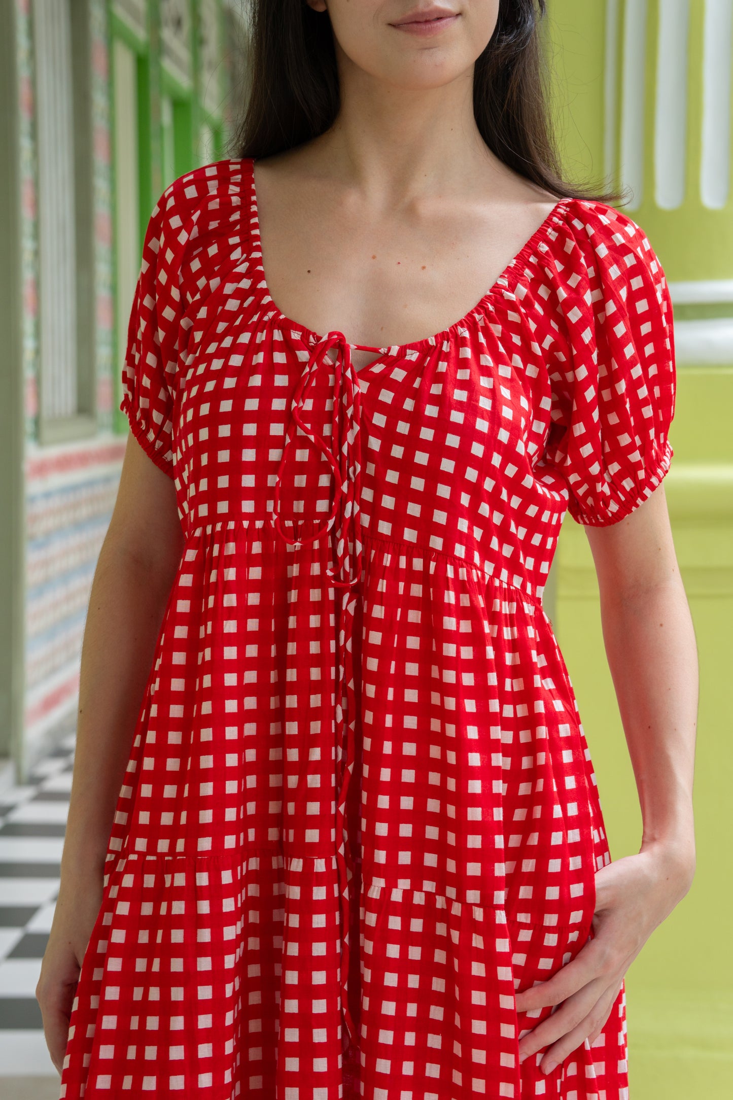 Block print dress with pockets and puff sleeves