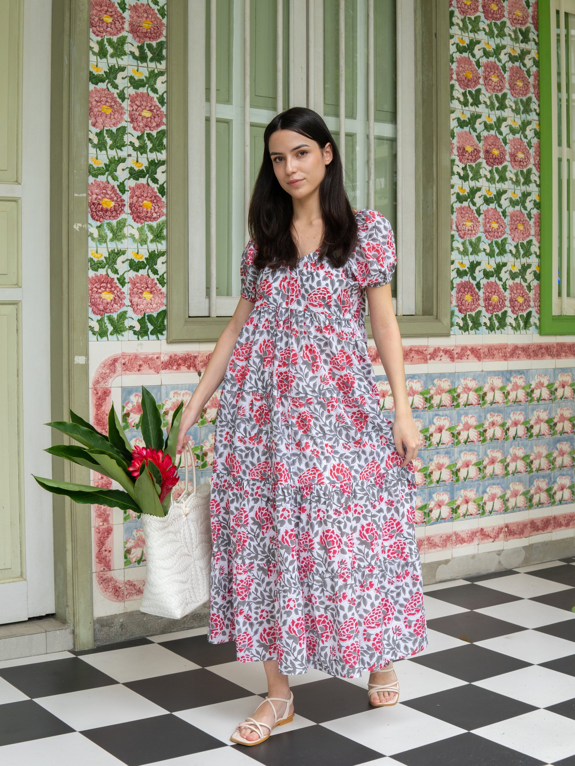 Red and white block print dress