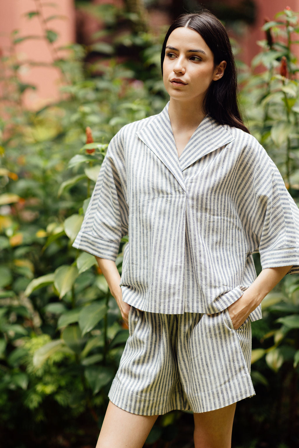 Relaxed fit linen top for women in slate stripe with open collar and effortless silhouette