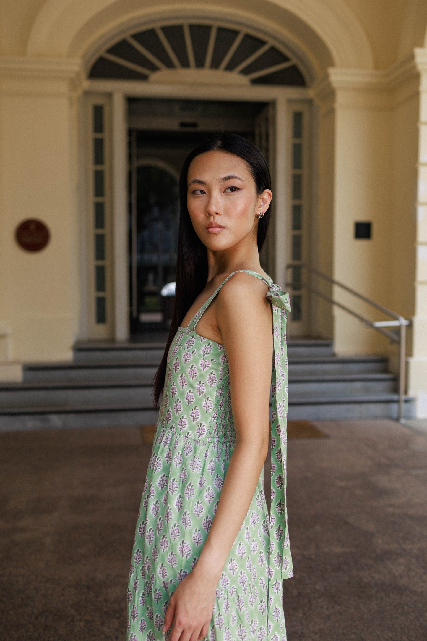 Resort wear cotton dress Singapore pistachio bloom flowy maxi with smocked back