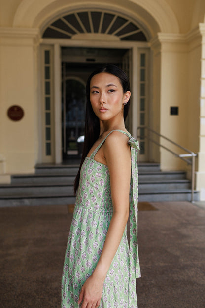 Resort wear cotton dress Singapore pistachio bloom flowy maxi with smocked back