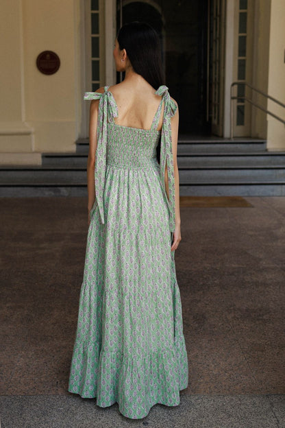 Resort wear cotton maxi dress pistachio bloom light green hand block printed with lilac floral motifs