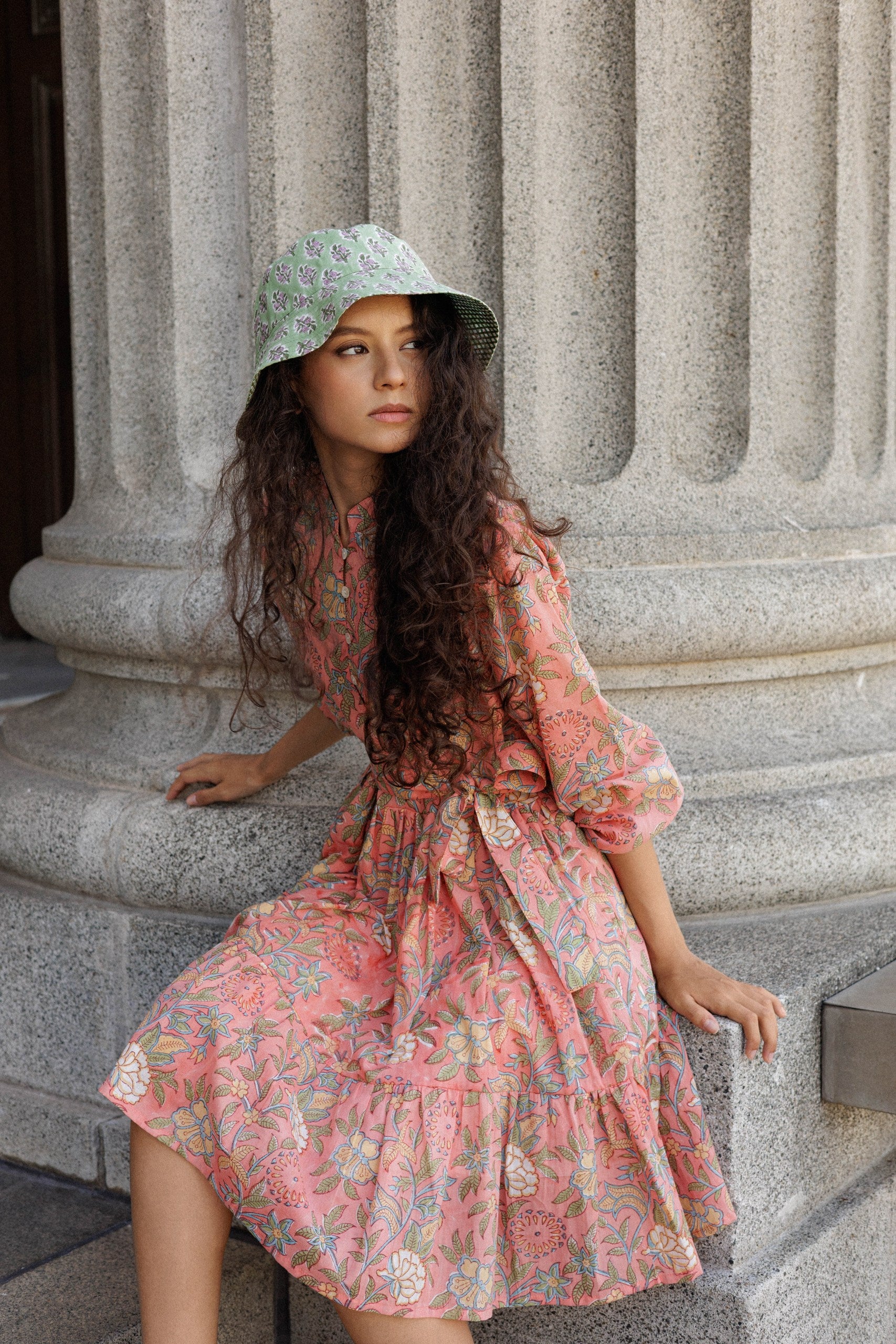 Reversible fabric block print bucket hat