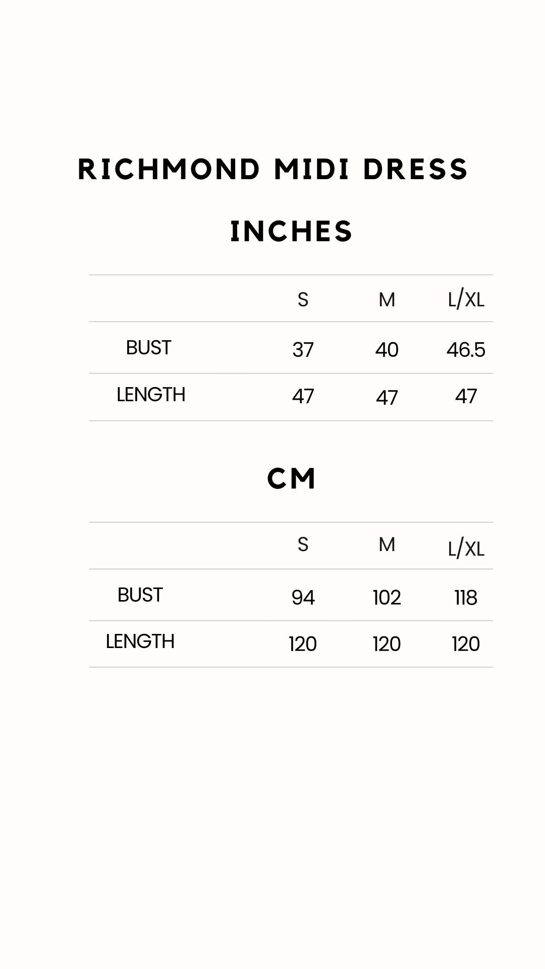 Richmond Midi Dress Size chart S M L/XL sizes available