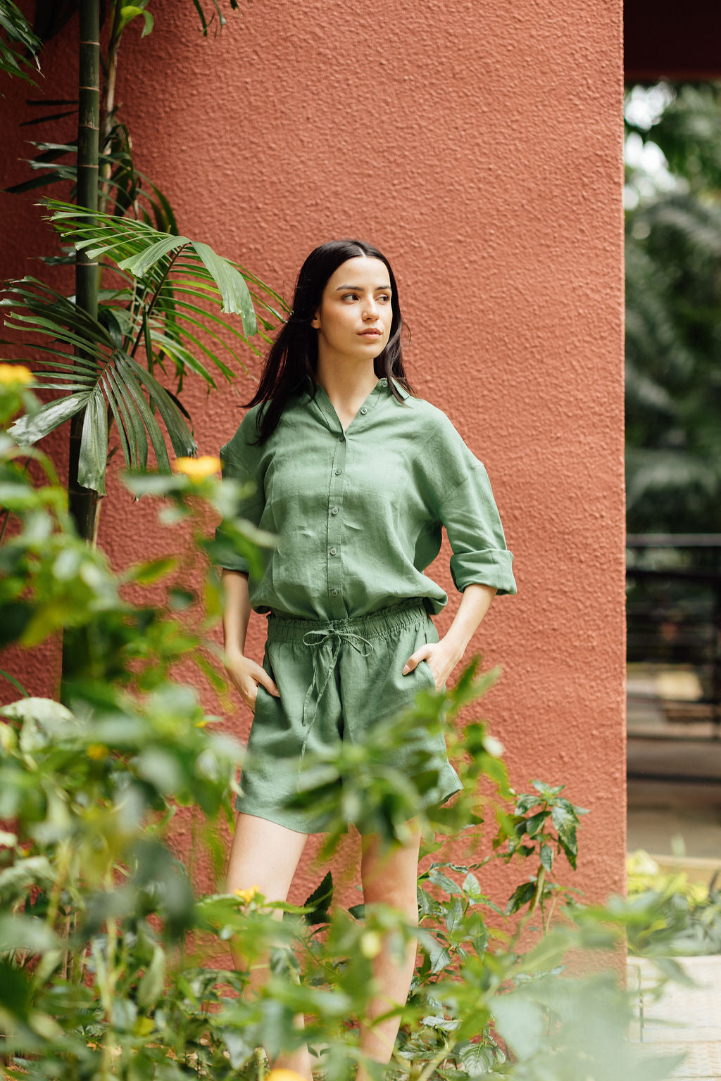 Sage linen co-ord set women Singapore breathable shorts with pockets elasticated waist resort wear outfit