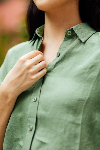 Sage green linen shirt women Singapore casual summer outfit