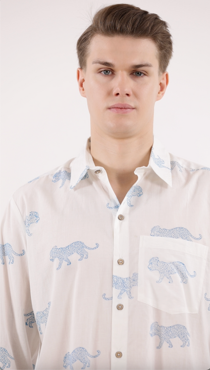 King Leopard Print Men’s  Cotton Shirt Blue