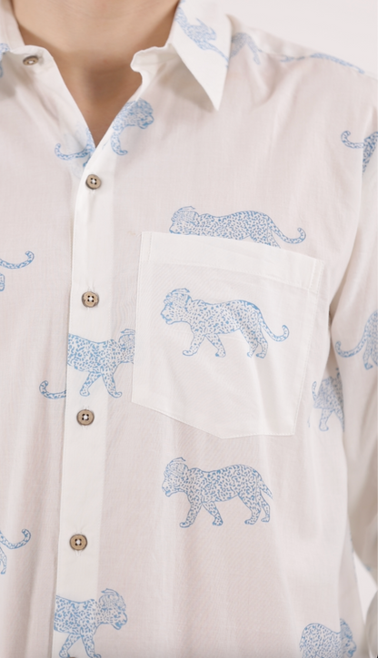 King Leopard Print Men’s  Cotton Shirt Blue