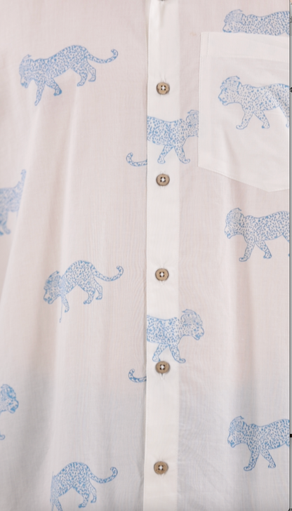 King Leopard Print Men’s  Cotton Shirt Blue