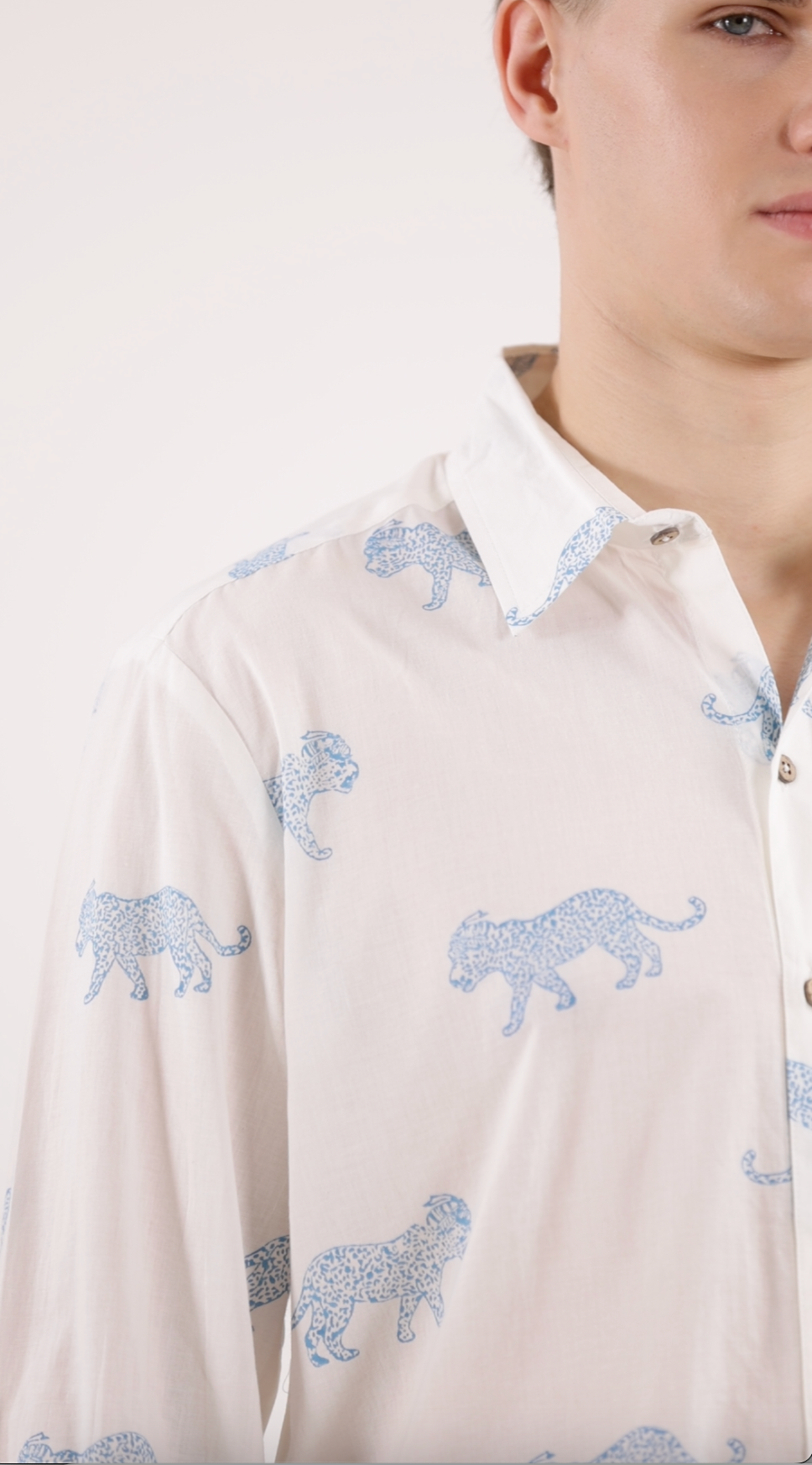 King Leopard Print Men’s  Cotton Shirt Blue