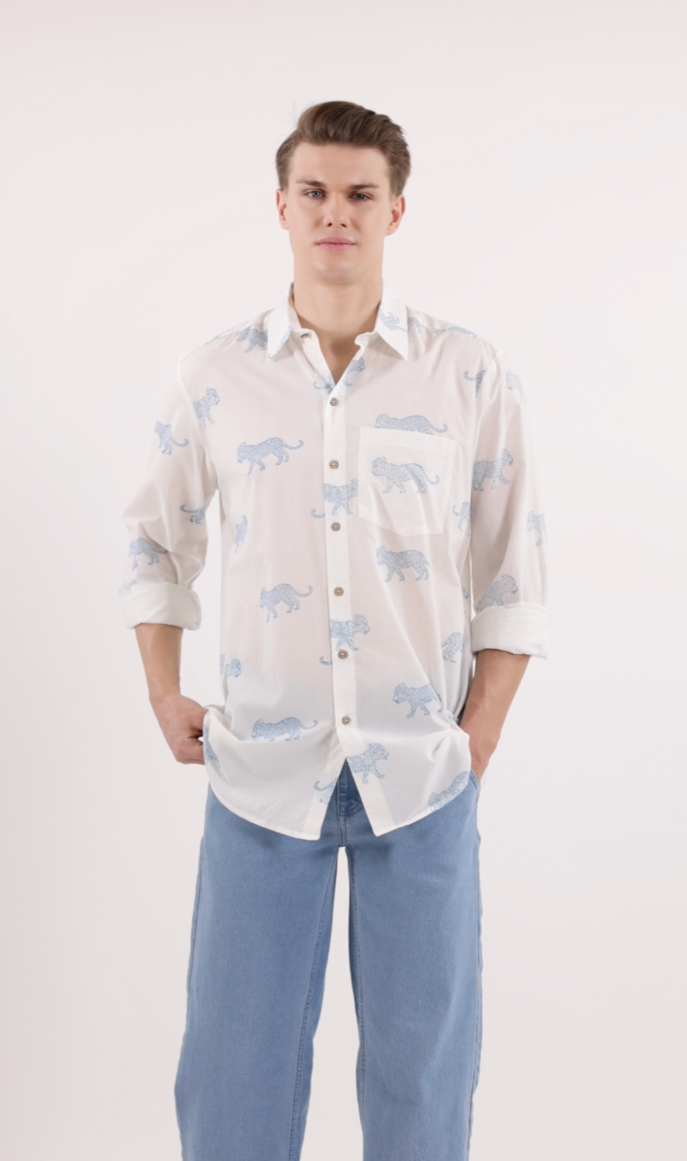 King Leopard Print Men’s  Cotton Shirt Blue