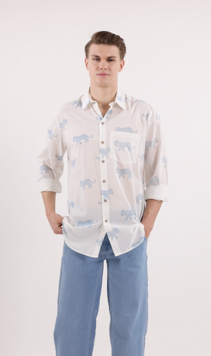 King Leopard Print Men’s  Cotton Shirt Blue