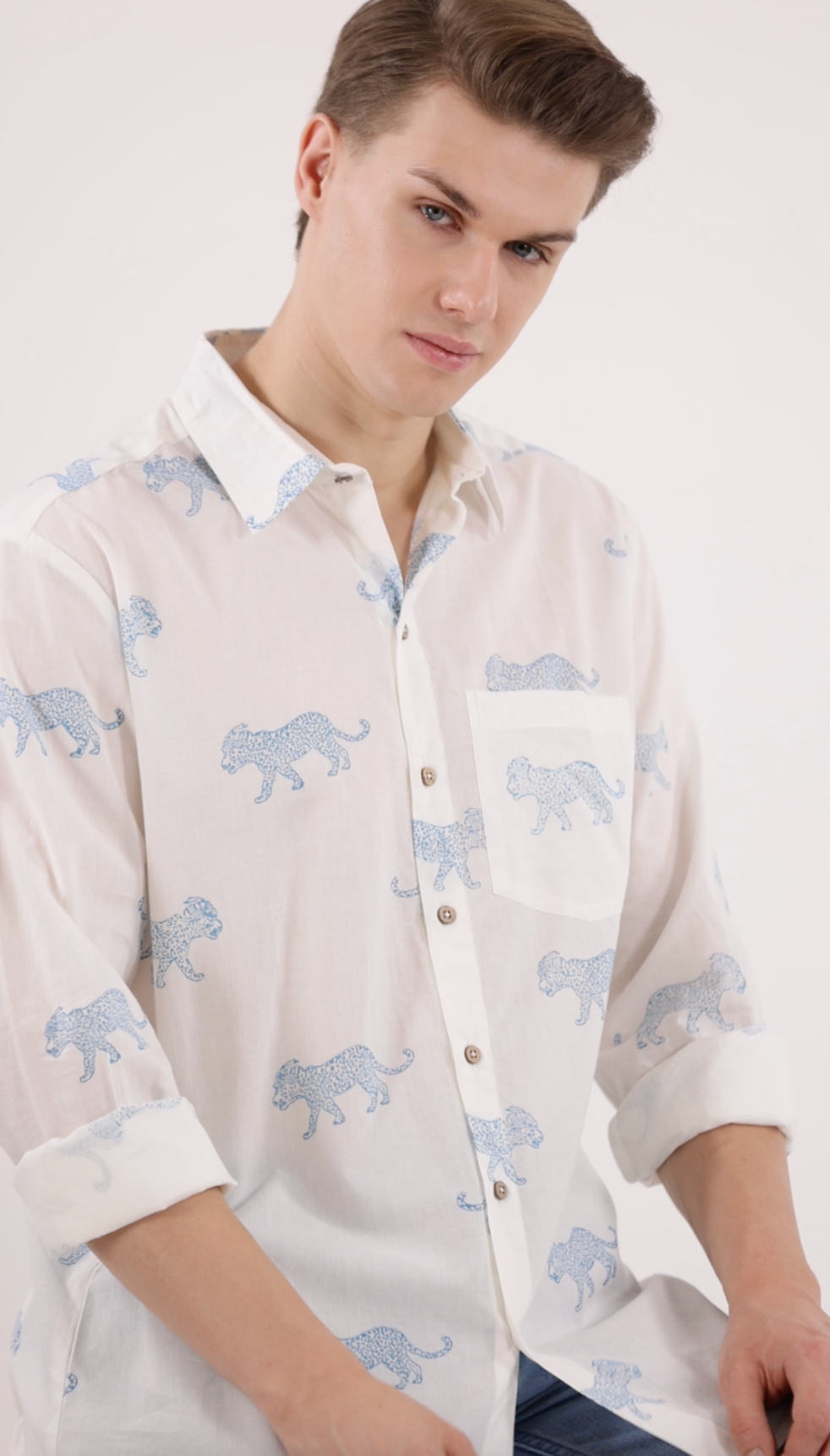 King Leopard Print Men’s  Cotton Shirt Blue