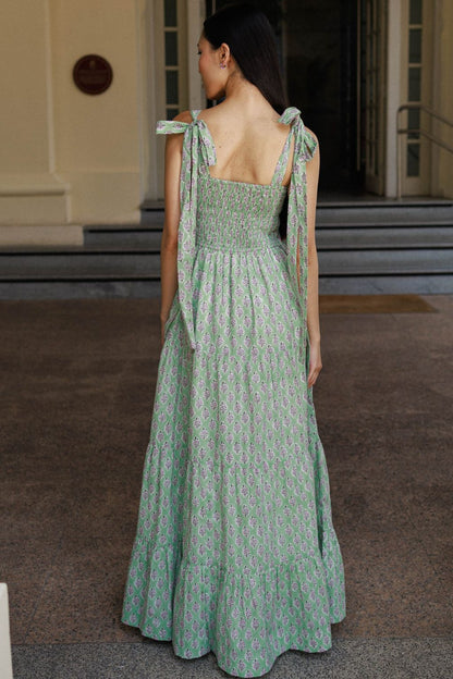 Smocked block print dress Singapore pistachio bloom cotton maxi with pockets