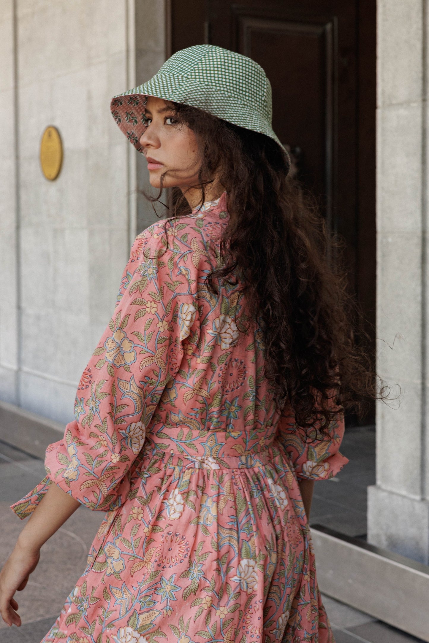 Sustainable block print fabric bucket hat hand made from leftover cotton dress fabric