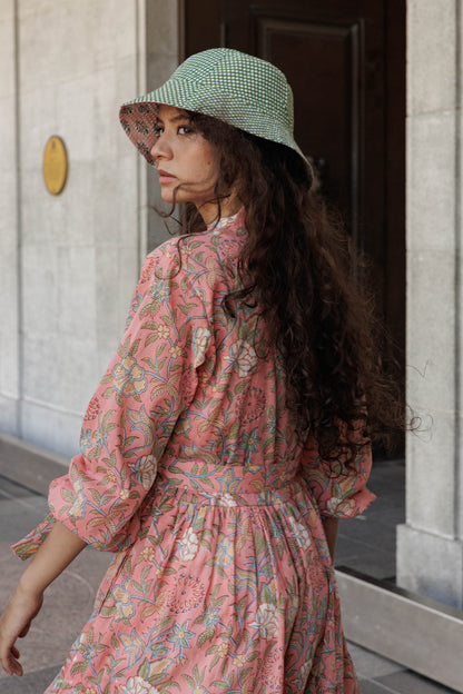 Sustainable block print fabric bucket hat hand made from leftover cotton dress fabric