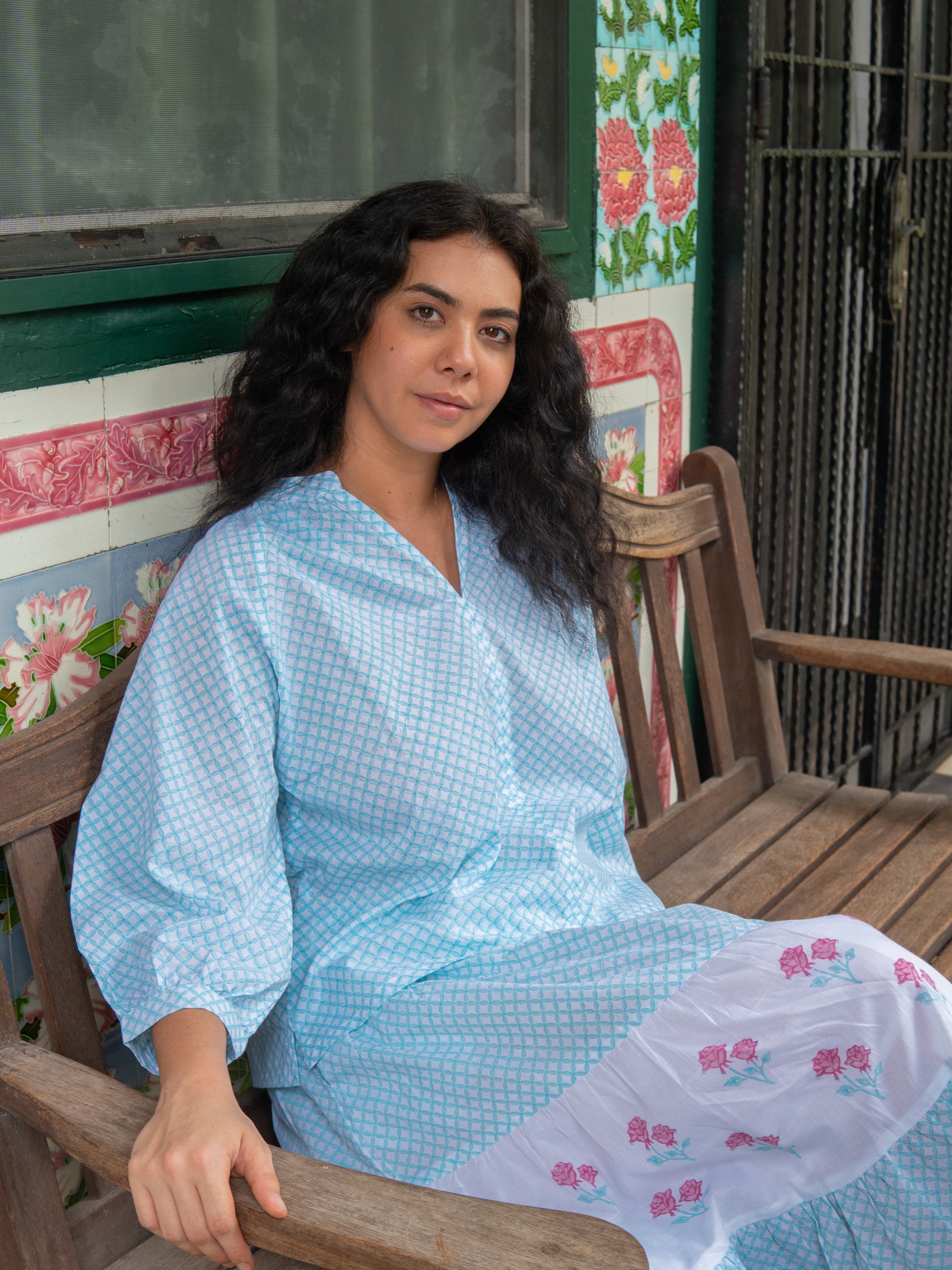 Turquoise geometric print block printed top inspired by Peranakan design